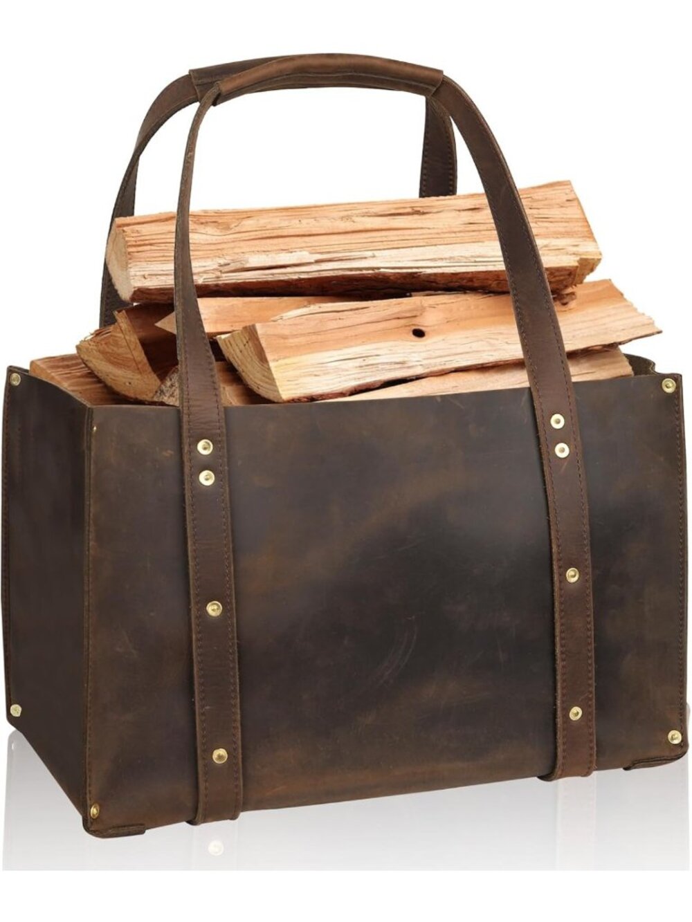 Handcrafted Heavy-Duty Cowhide Leather Log Carrier for Camping & BBQ Firewood